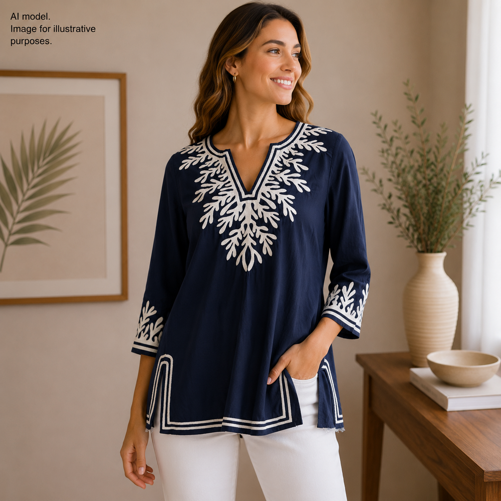 Gretchen Scott Designs Shirt Womens Small Blue Lux Embroidered Tunic 3/4 Sleeve
